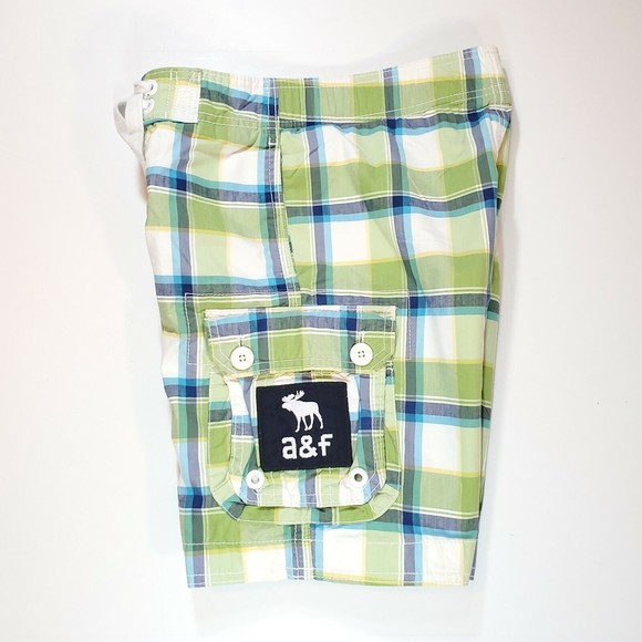 Abercrombie Fitch 28in Mens Small Plaid Board Shorts Swim Trunks Cargo Beachwear - Picture 10 of 12